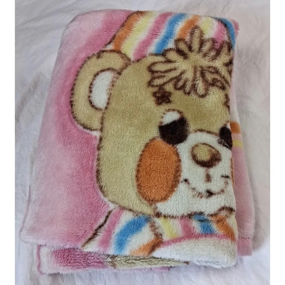Vtg Sleepy Bear Blanket Soft Fleece 39x52 Plush Crib Pink Orange Thick Girl